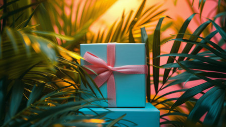 A stack of gifts wrapped in natural paper with a pine cone topper, nestled amidst lush greenery.の素材