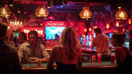 A young woman, dressed in a low-cut top, sits at a casino table with a glass of wine and smiles at someone off-camera.の素材