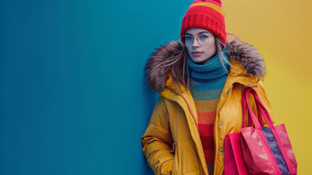 A young woman with dark brown curly hair is wearing a yellow and blue top. She is sitting in front of blue plastic bins in an urban setting.の素材