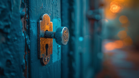 A close-up view of a brass door knob on a teal wooden door.の素材