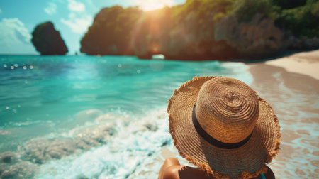 A woman in a straw hat sits on a beach, looking out at the turquoise ocean and rocky cliffs of Bali.の素材
