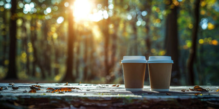 Two paper cups of coffee sit on a wooden bench in a forest, with the sun setting in the background.の素材