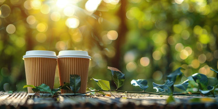 Two paper cups of coffee sit on a wooden bench in a forest, with the sun setting in the background.の素材