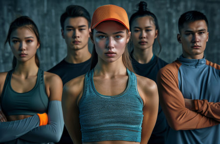 A group of four athletes wearing orange hats and athletic wear stand together in a dimly lit room.の素材