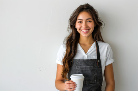 A young woman wearing a white shirt and black apron smiles and holds a white coffee cup in front of a white wall.の素材