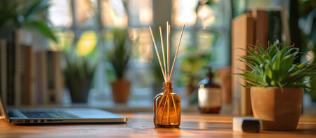A close-up of a brown glass diffuser with wooden sticks on a wooden desk. There is natural light coming in from a window.の素材