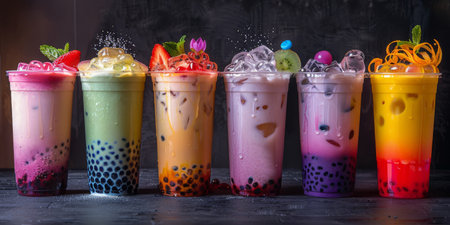 A close-up shot of seven colorful bubble tea drinks in plastic cups with tapioca pearls and ice.の素材
