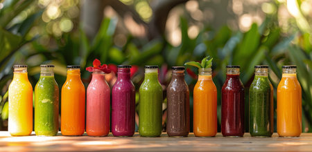 A row of colorful bottles filled with freshly made juice sits on a wooden table in a lush green garden.の素材