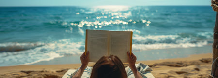 A woman wearing a straw hat relaxes on a sandy beach, reading a book. The ocean waves are in the background, and the sun is shining brightly.の素材