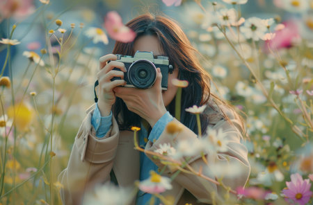 A woman in a green coat is holding a vintage camera and taking a picture of white flowers in a field.の素材