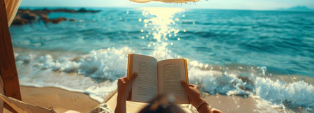 A woman wearing a straw hat relaxes on a sandy beach, reading a book. The ocean waves are in the background, and the sun is shining brightly.の素材