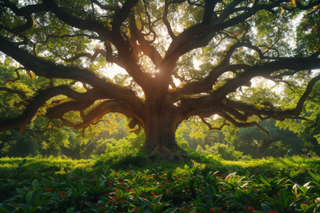 A large oak tree with thick branches casts shade over a green lawn and manicured park, with a blue sky and white clouds in the background.の素材