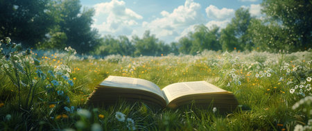 A book rests open in a field of flowers on a bright summer day.の素材