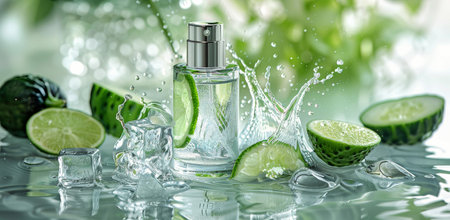 A glass bottle of perfume sits in water with ice cubes and fresh citrus and cucumber slices.の素材