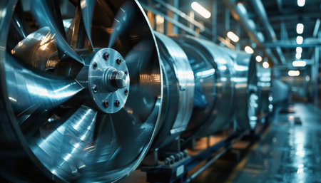 A close-up shot of a large industrial fan with a silver finish, sitting on a wet concrete floor in a modern factory setting.の素材