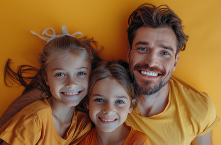 A man in a denim shirt smiles and points at the camera against a teal background.の素材