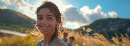 A woman smiles brightly at the camera while hiking through a mountainous landscape. She is wearing a backpack and a yellow shirt. The sky is blue and there are clouds in the background.の素材