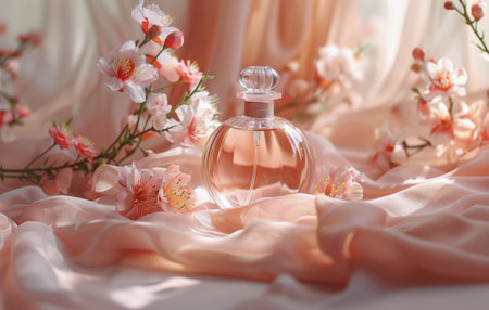 A close-up of a glass bottle of liquid with white flowers on peach-colored fabric.の素材