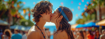 A young couple shares a passionate kiss in the middle of a bustling street market, surrounded by colorful decorations and a lively crowd.の素材