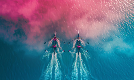 An overhead view of a rowing team in a boat, paddling on blue water with a pink-hued sunset in the background.の素材