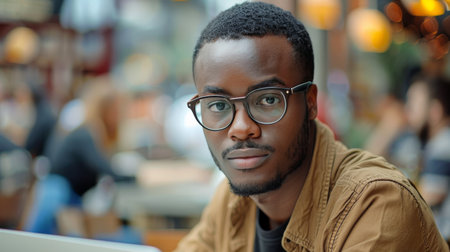 A man wearing glasses and a scarf smiles at the camera. He is in a bookstore, with shelves of books in the background.の素材
