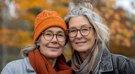 Two women, both wearing glasses and scarves, stand close together in front of a blurred background of fall foliage. The woman on the left wears a bright orange hat and a gray sweater, while the woman on the right has gray hair and a black jacket. They both smile warmly at the camera.の素材