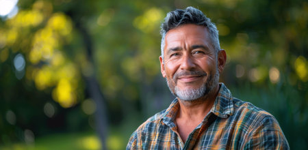 A close-up portrait of a mature man smiling outdoors on a sunny day.の素材
