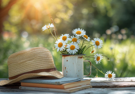 A rustic mug filled with white daisies sits on a stack of books next to a straw hat in a sunny meadow.の素材