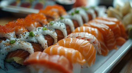 A close-up photo of salmon and crab sushi rolls, garnished with black sesame seeds and green onions. Chopsticks are used to pick up a single roll.の素材