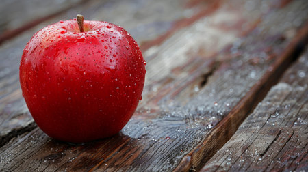 A close-up of a red apple with dew drops on a wooden table.の素材