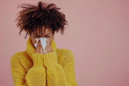 A young woman with a messy bun in her hair is wearing a yellow sweater and blowing her nose with a tissue. The background is a soft pink.の素材