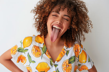A young woman with curly brown hair and a bright smile wears a white t-shirt featuring a lemon print.の素材