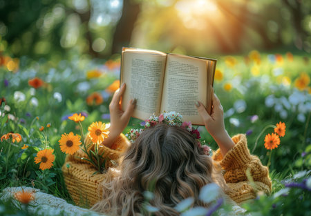 A young woman lies in a field of daisies on a sunny day, reading a book.の素材