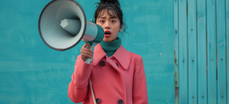 A woman with dark hair is speaking into a megaphone in front of a teal wall.の素材