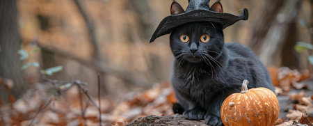 A black cat with a witch hat sits beside a pumpkin in a forest setting with autumn leaves.の素材