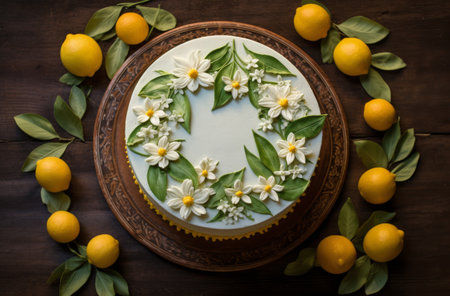 A white cake decorated with buttercream flowers and leaves, surrounded by lemons on a wooden table.の素材