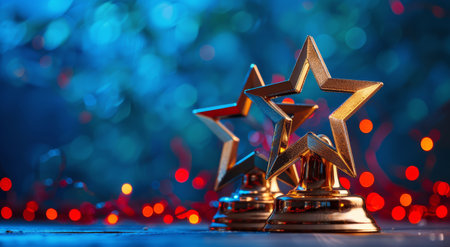 Two golden star trophies sit on a blue background surrounded by red confetti.の素材