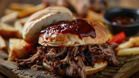 A close-up shot of a pulled pork sandwich with barbecue sauce on a wooden cutting board.の素材