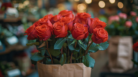 A close-up of a bouquet of red roses in a brown paper bag against a teal background.の素材