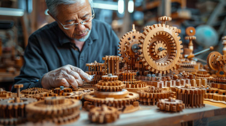 An elderly craftsman carefully assembles a complex wooden gear system in his workshop.の素材