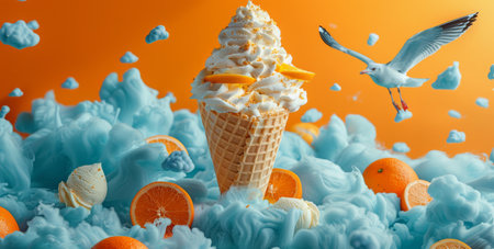 A tall, full ice cream cone with creamy vanilla ice cream sits atop a bright yellow background with orange slices and fluffy white clouds, with two seagulls flying overhead.の素材