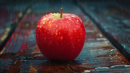 A close-up of a red apple with dew drops on a wooden table.の素材