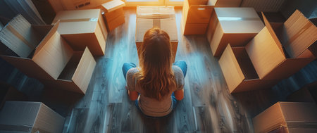 A woman sits on a wooden floor with her back to the camera, bathed in the golden light of a setting sun streaming through a large window.の素材