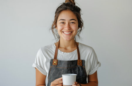 A smiling woman wearing an apron holds a coffee cup in front of a white wall.の素材