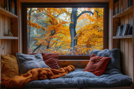 A cozy window seat with a view of an autumn forest, perfect for reading and relaxing on a chilly fall day.の素材