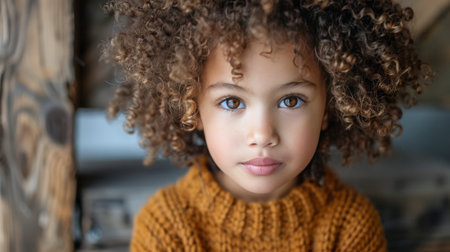 A young girl with curly blonde hair is wearing a brown sweater and looking directly at the camera.の素材