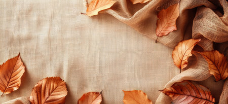 An overhead shot of brown fabric with a burlap overlay and scattered autumn leaves, creating a natural, rustic background.の素材