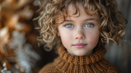 A young girl with curly blonde hair is wearing a brown sweater and looking directly at the camera.の素材