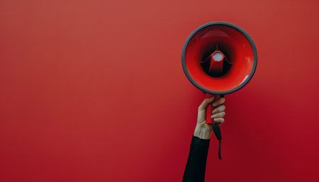A persons hand holding a red megaphone in front of a red background.の素材