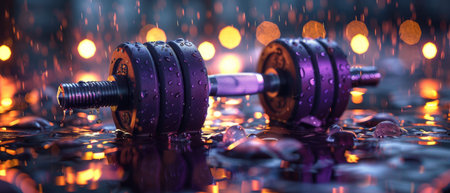 A purple dumbbell lies on a wet surface with water drops and bokeh lights in the background.の素材